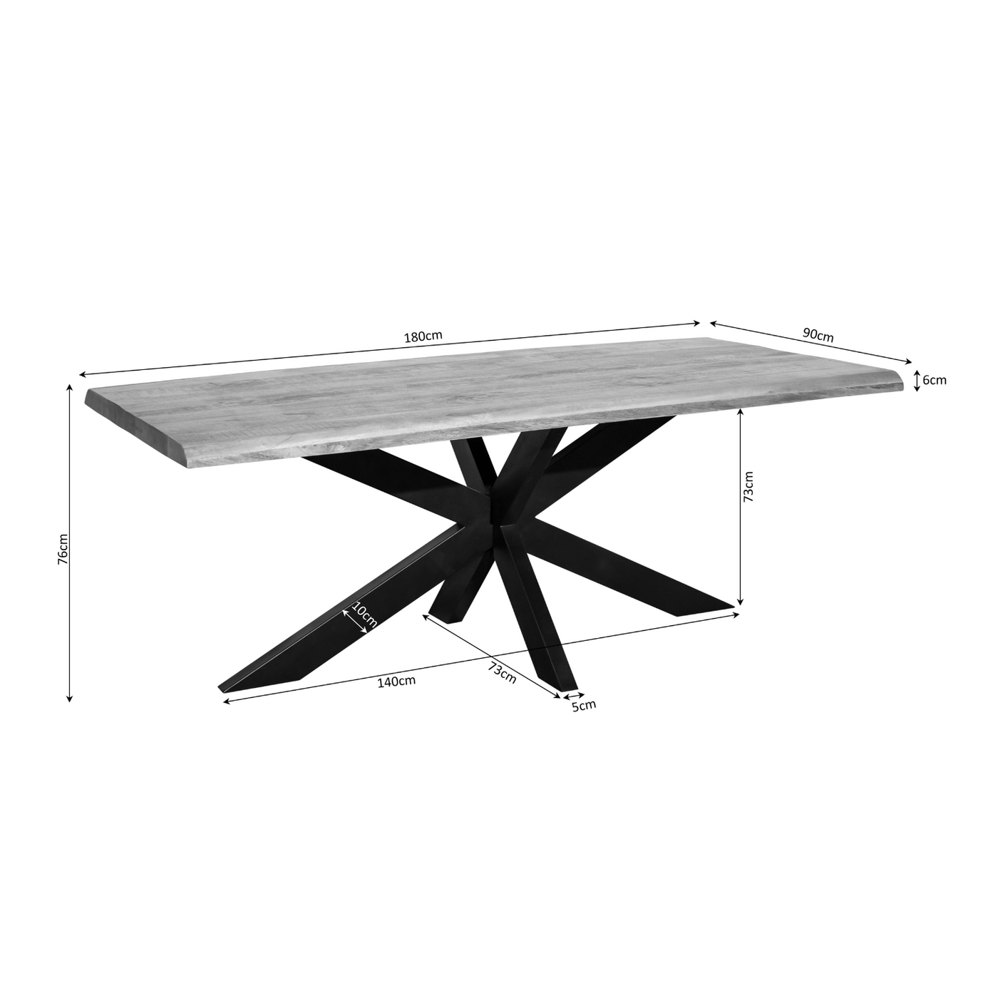 Esstisch Denber Baumkante Mangoholz hell 160 bis 300 cm in 6 cm mit Spider Gestell