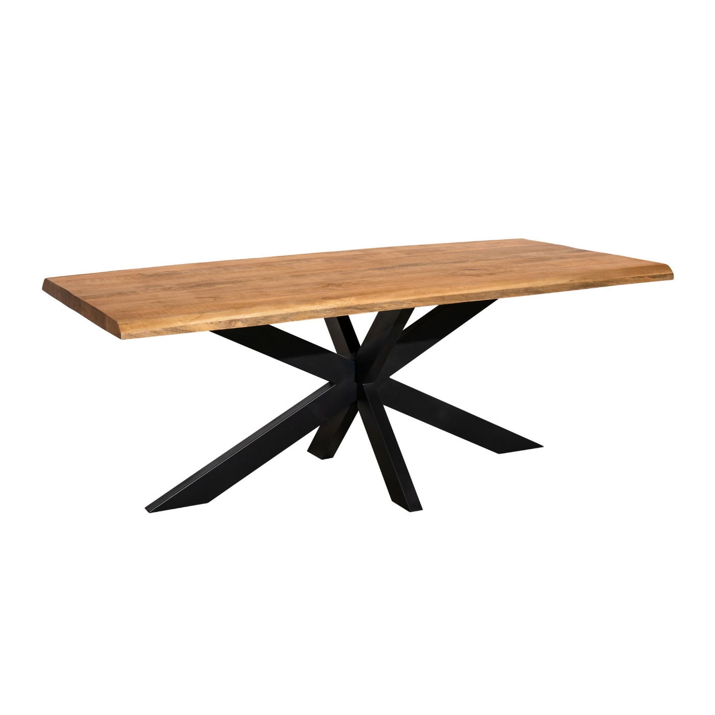 Esstisch Denber Baumkante Mangoholz hell 160 bis 300 cm in 6 cm mit Spider Gestell