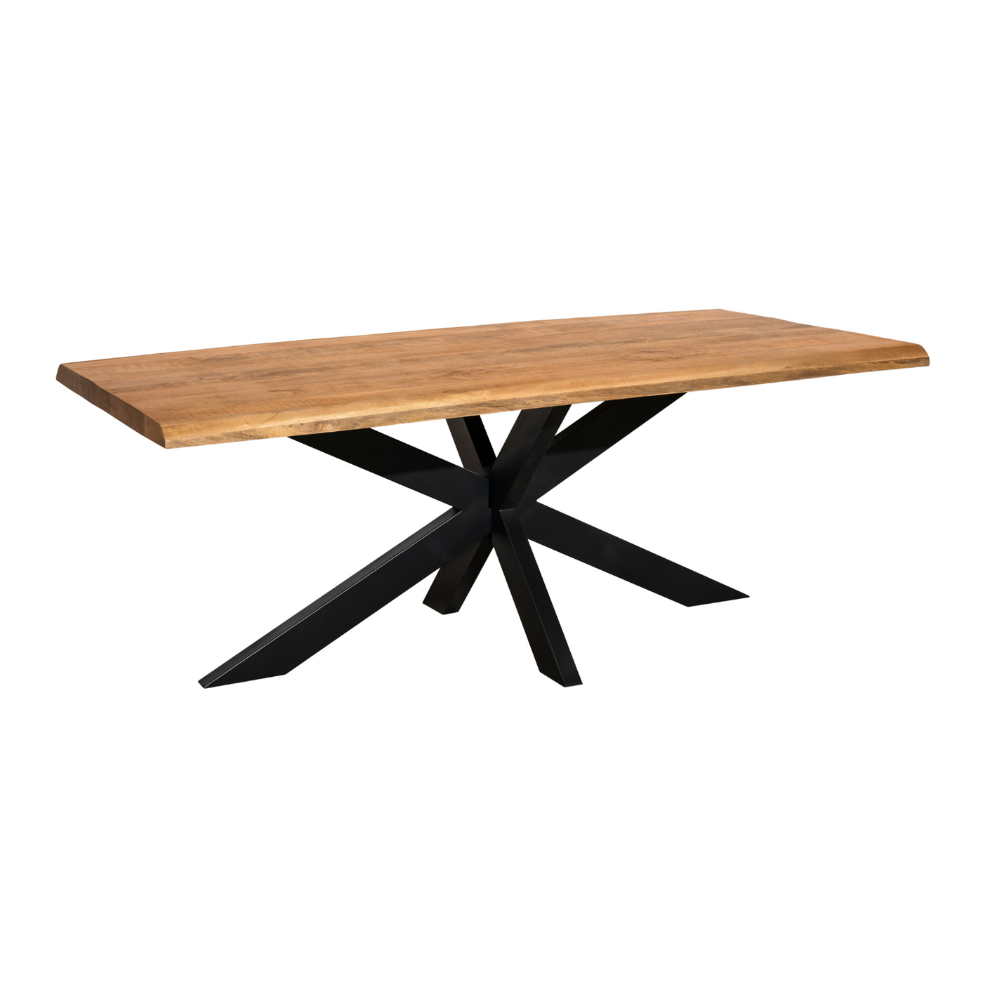 Esstisch Denber Baumkante Mangoholz hell 160 bis 300 cm in 6 cm mit Spider Gestell