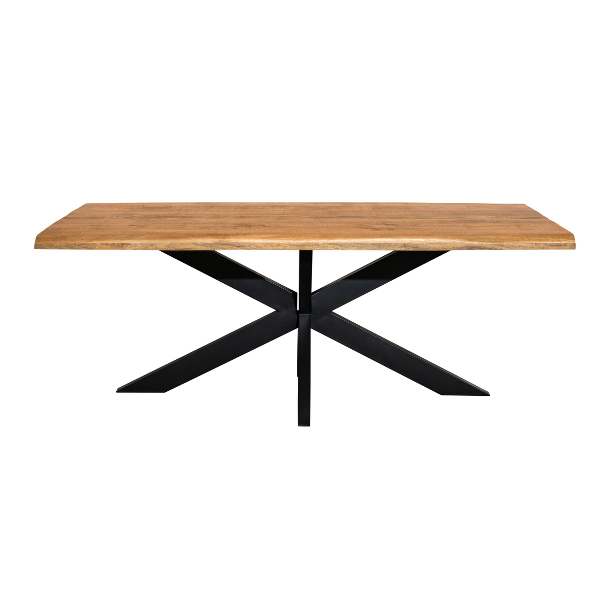 Esstisch Denber Baumkante Mangoholz hell 160 bis 300 cm in 6 cm mit Spider Gestell