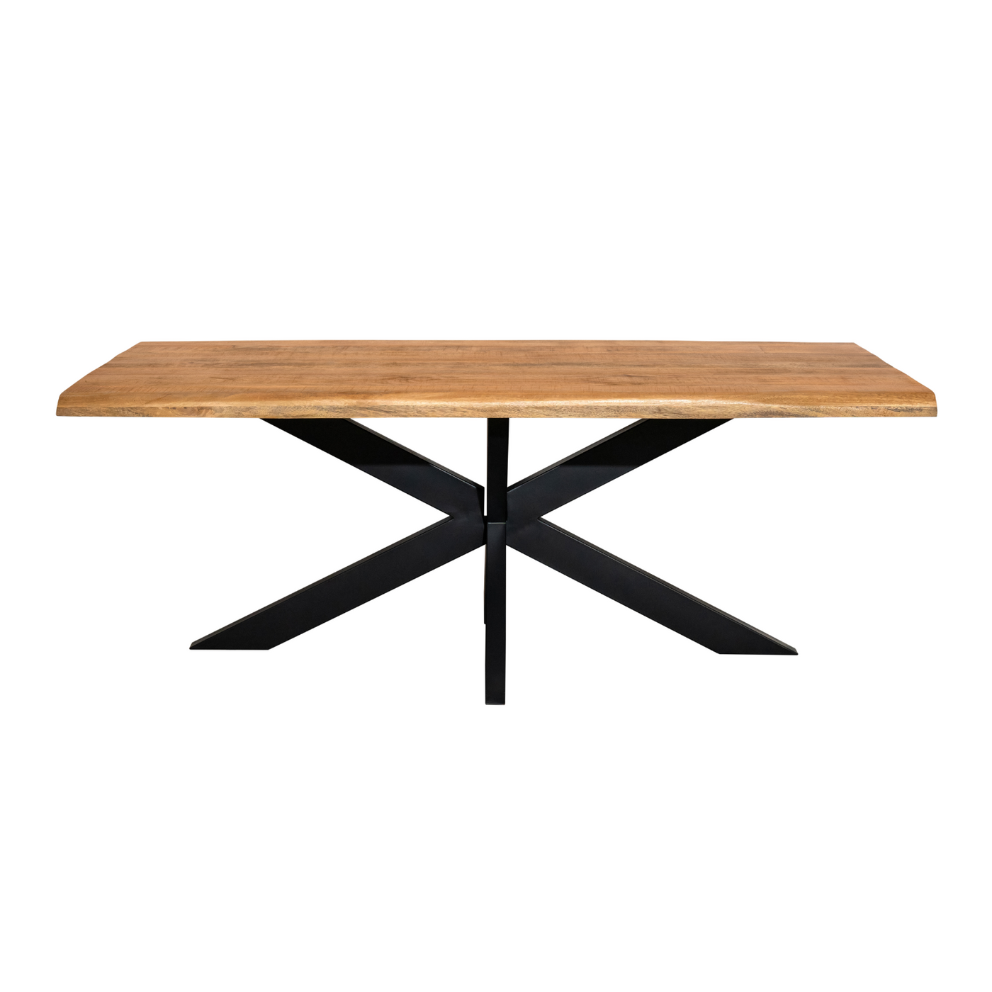 Esstisch Denber Baumkante Mangoholz hell 160 bis 300 cm in 6 cm mit Spider Gestell
