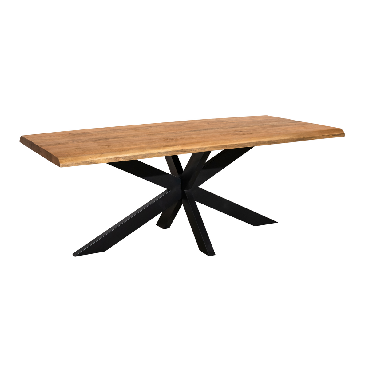 Esstisch Denber Baumkante Mangoholz hell 160 bis 300 cm in 6 cm mit Spider Gestell