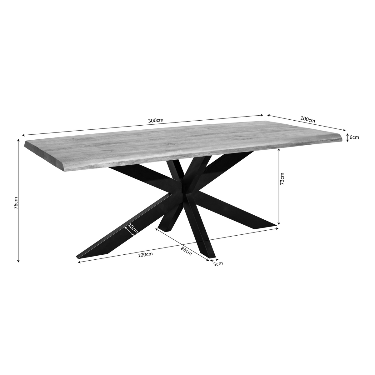 Esstisch Denber Baumkante Mangoholz hell 160 bis 300 cm in 6 cm mit Spider Gestell