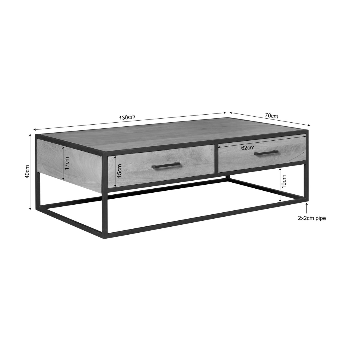 Couchtisch rechteckig Dakota mit Schubladen Natur Mangoholz 130 cm