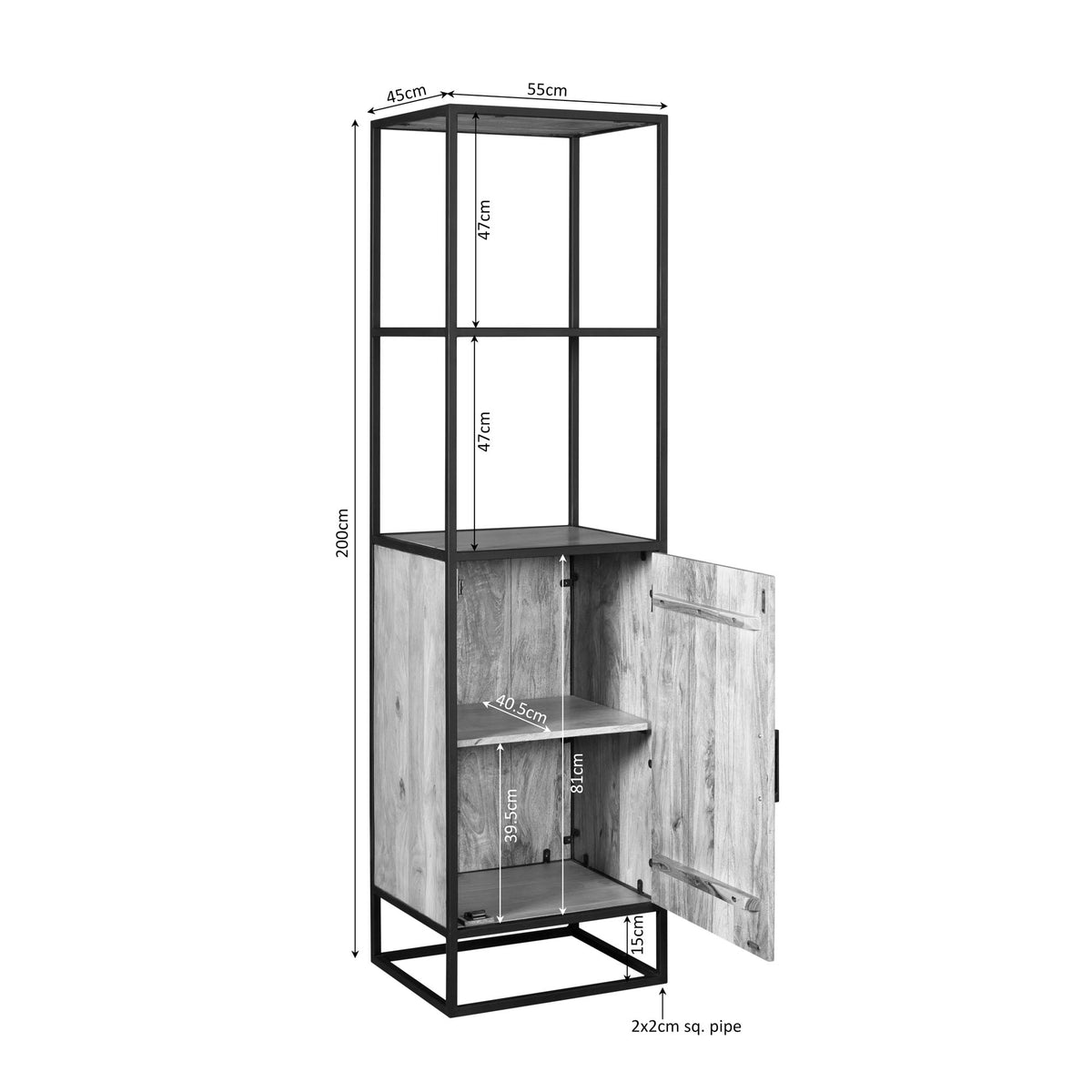 Bücherregal Dakota mit Tür Natur Mangoholz 55 cm