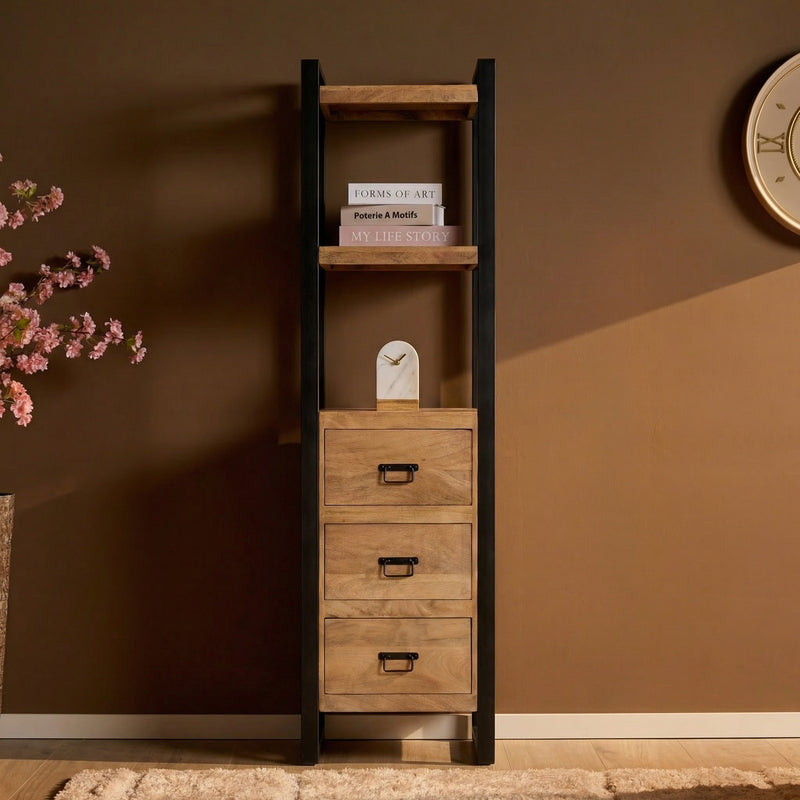 Bücherregal Britt mit Schubladen Natur Mangoholz 55 cm