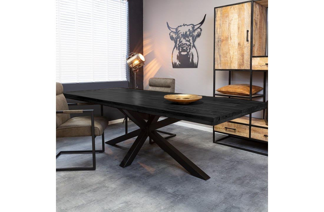 Table à manger Denber, manguier noir, 160 à 300 & 6 cm avec piètement araignée