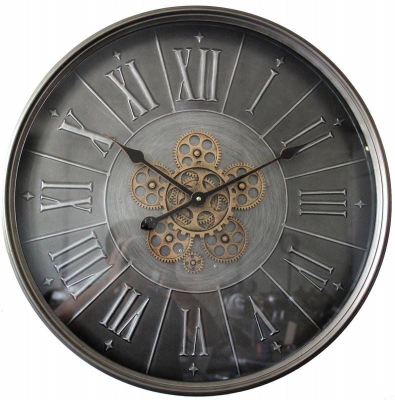 Vintage Wanduhr 60 cm Zahnrad silber Messing Metall Zählwerk goldfarbig