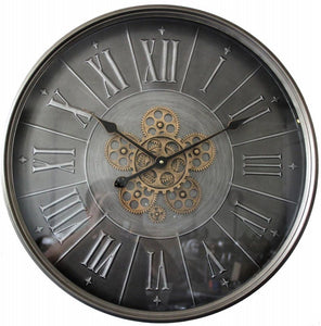 Vintage Wanduhr 60 cm Zahnrad silber Messing Metall Zählwerk goldfarbig