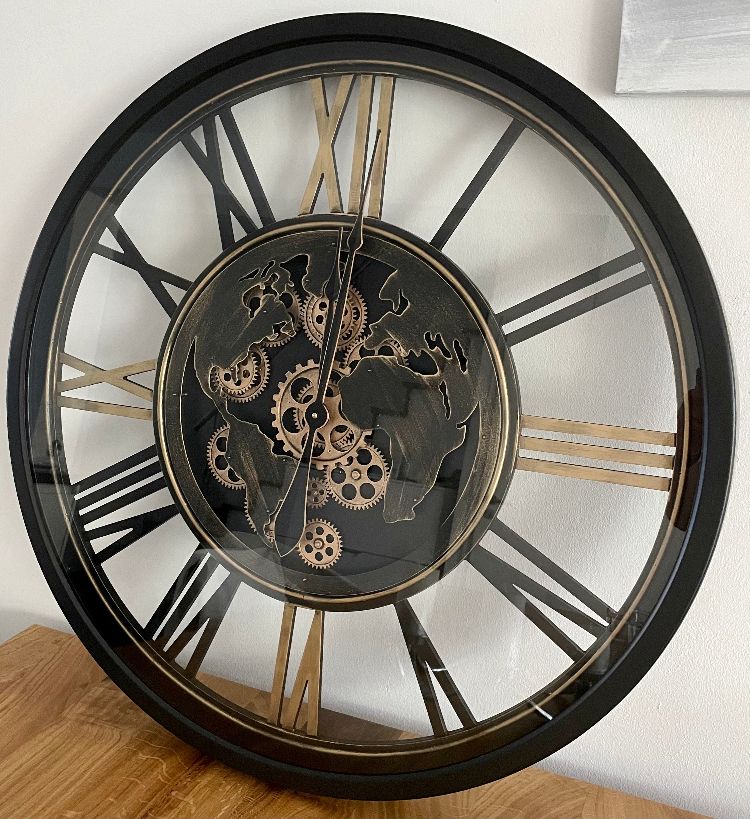 80 cm Weltkarte Wanduhr Zahnrad schwarz gold beweglich mit Zahnrädern