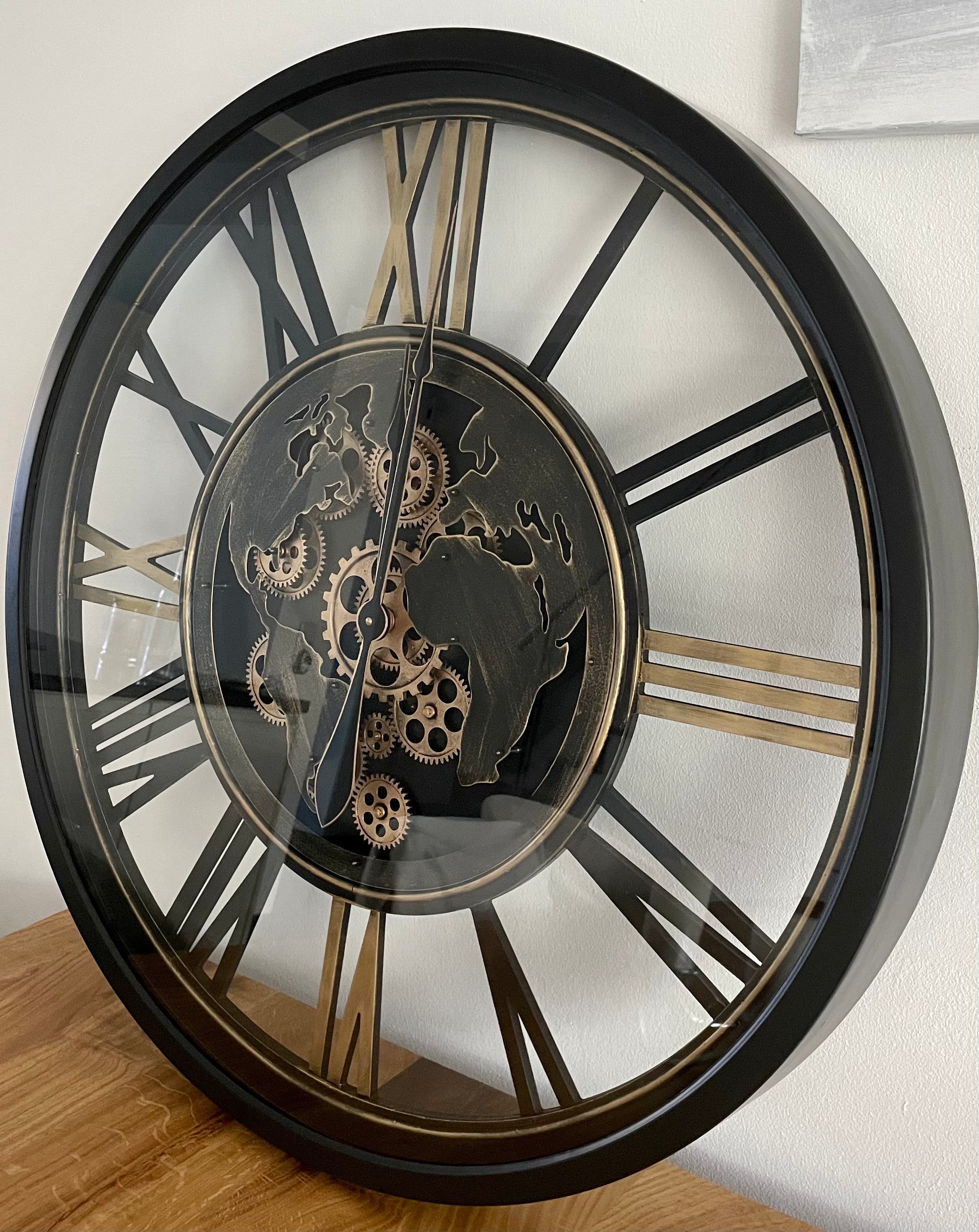 80 cm Weltkarte Wanduhr Zahnrad schwarz gold beweglich mit Zahnrädern