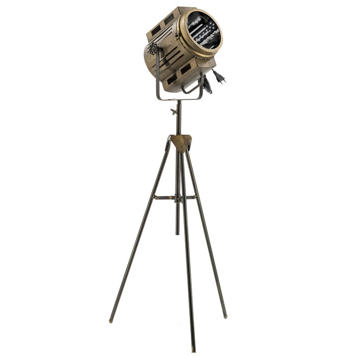 Industrial Stehlampe Hollywood Flutlicht altgold-messing Dreibein
