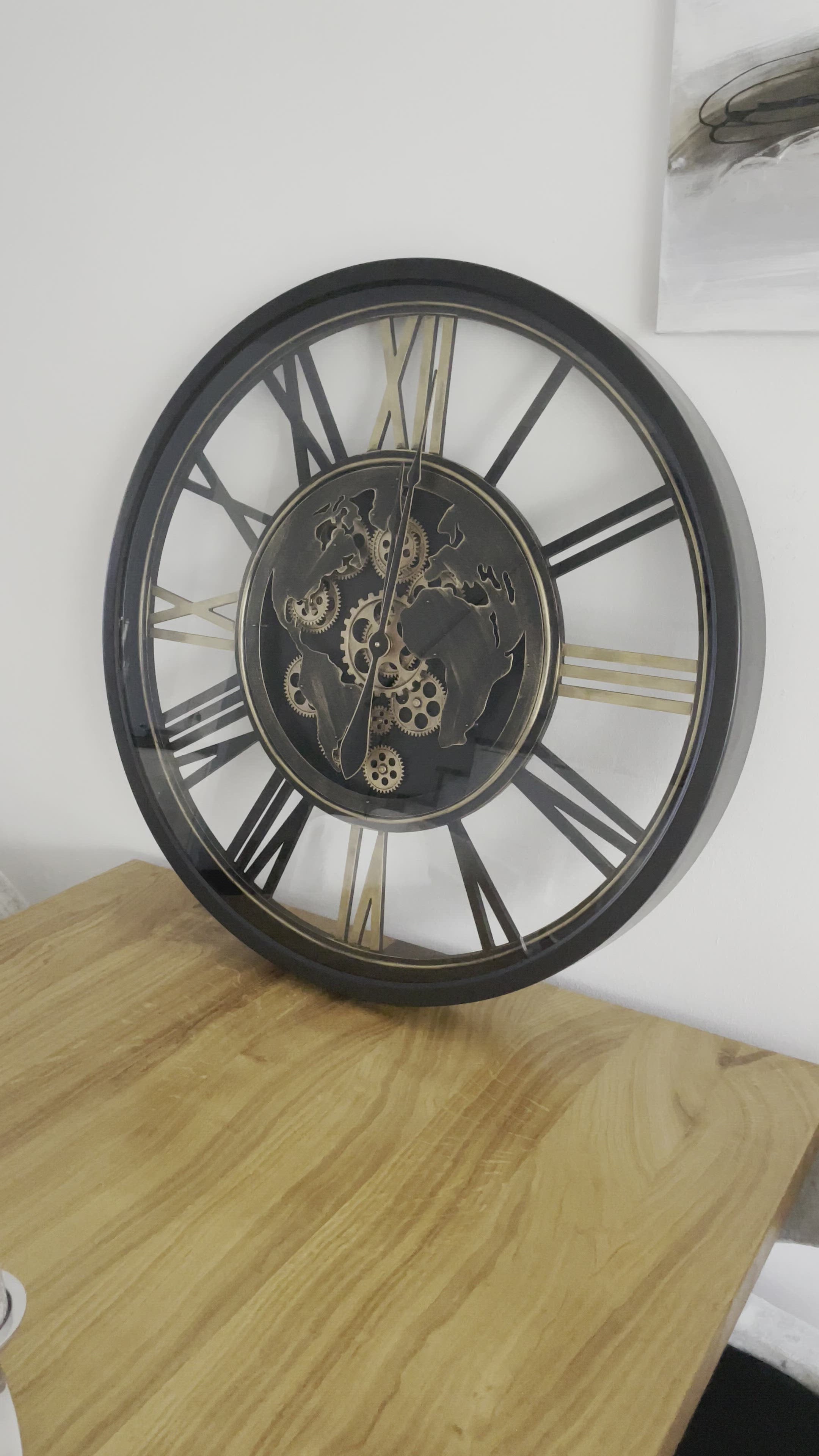 80 cm Weltkarte Wanduhr Zahnrad schwarz gold beweglich mit Zahnrädern