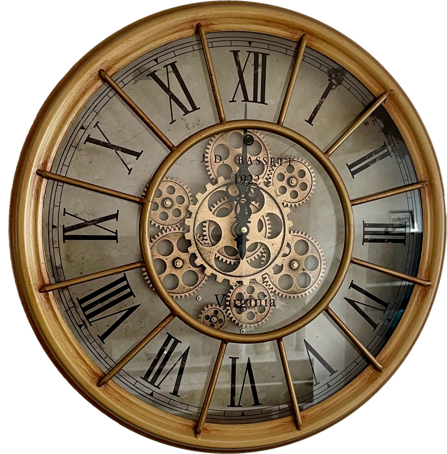 45 cm Vintage gold RIO Wanduhr mit Animation Zählwerk Zahnrad