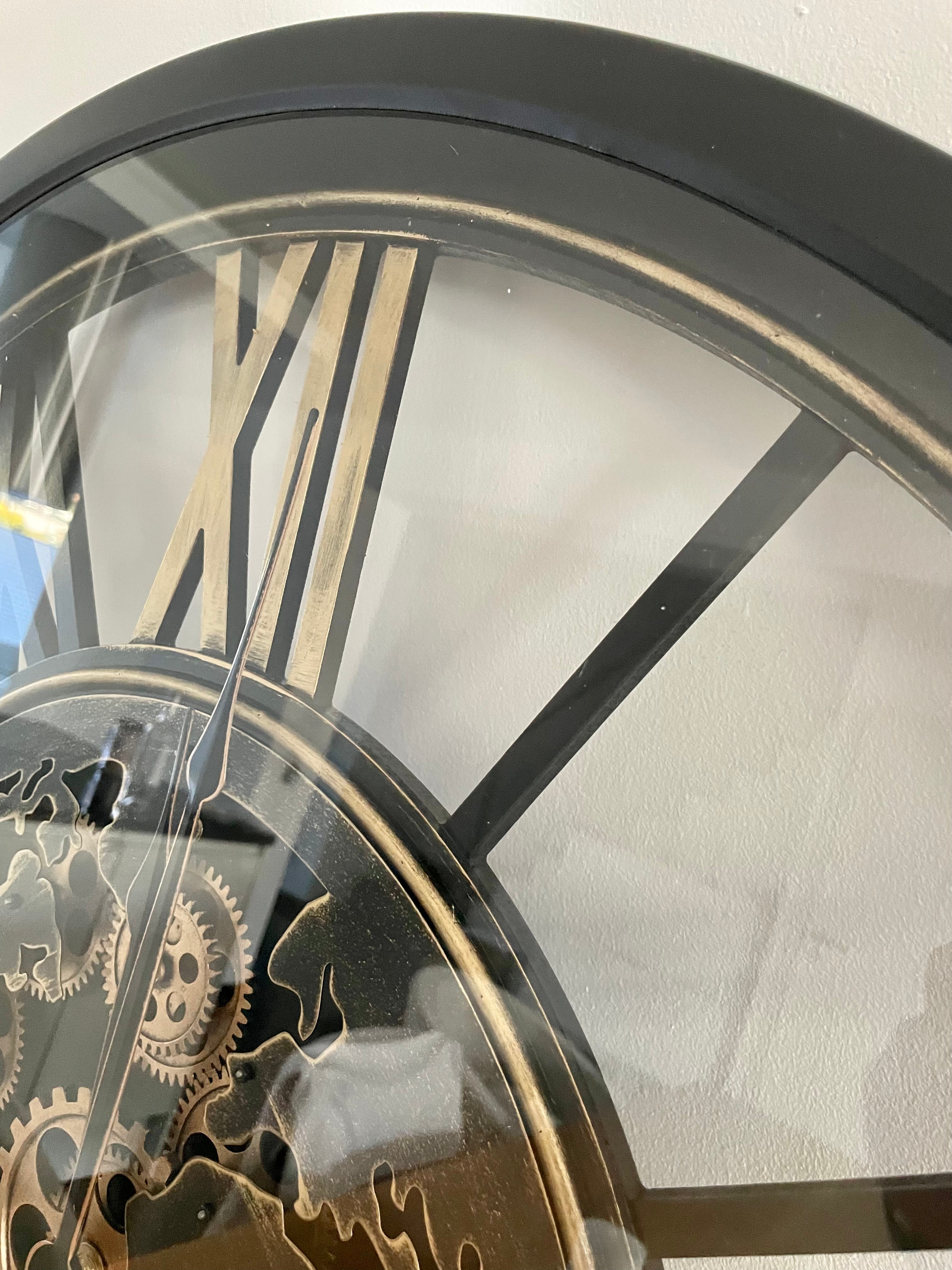 80 cm Weltkarte Wanduhr Zahnrad schwarz gold beweglich mit Zahnrädern