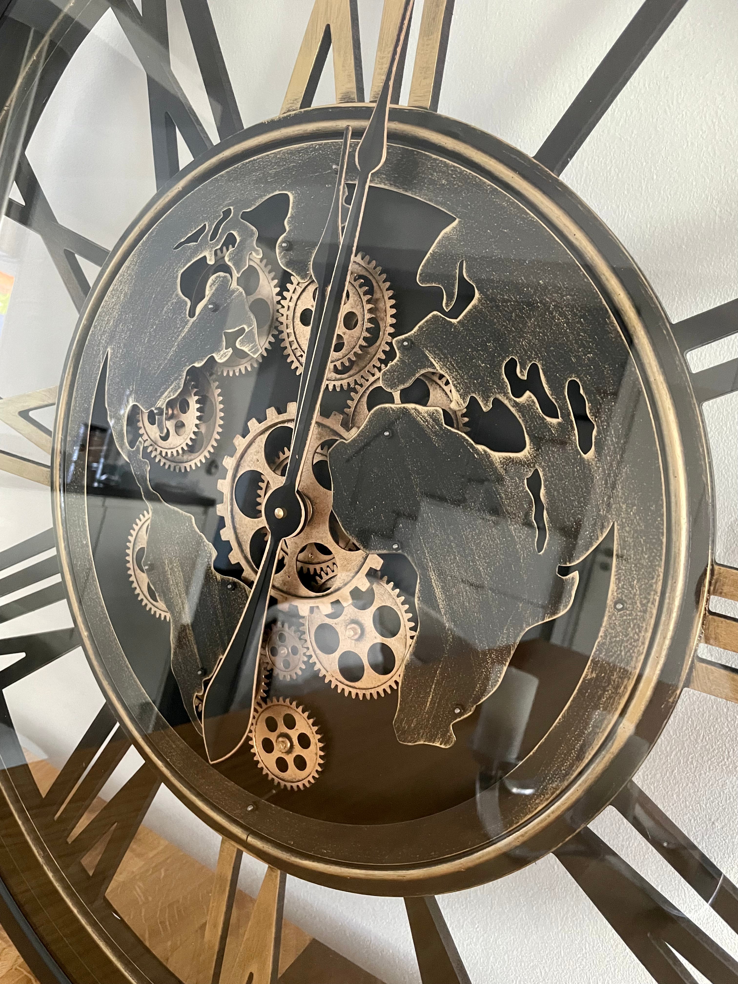 80 cm Weltkarte Wanduhr Zahnrad schwarz gold beweglich mit Zahnrädern