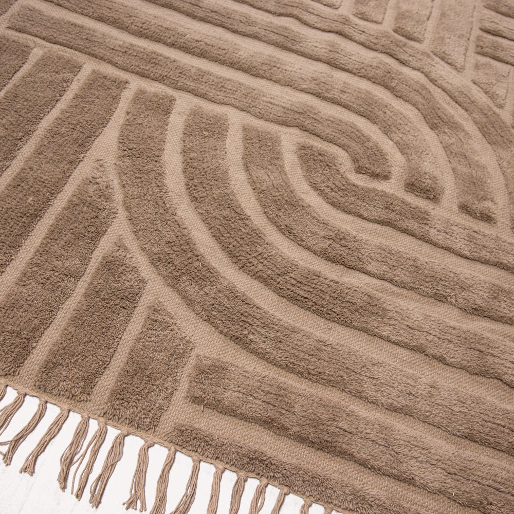Design Fransenteppich Yashi beige braun sandfarbig 3D Muster Modern 2 Größen Baumwolle