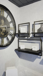 Laden und Abspielen von Videos im Galerie-Viewer, BLACK SHELFMATE Typ A schwarz Wandregal Industrial Möbel Teakholz Metall Blankstahl Hängeregal Industrie Stil Regal Used Look Teak Holz
