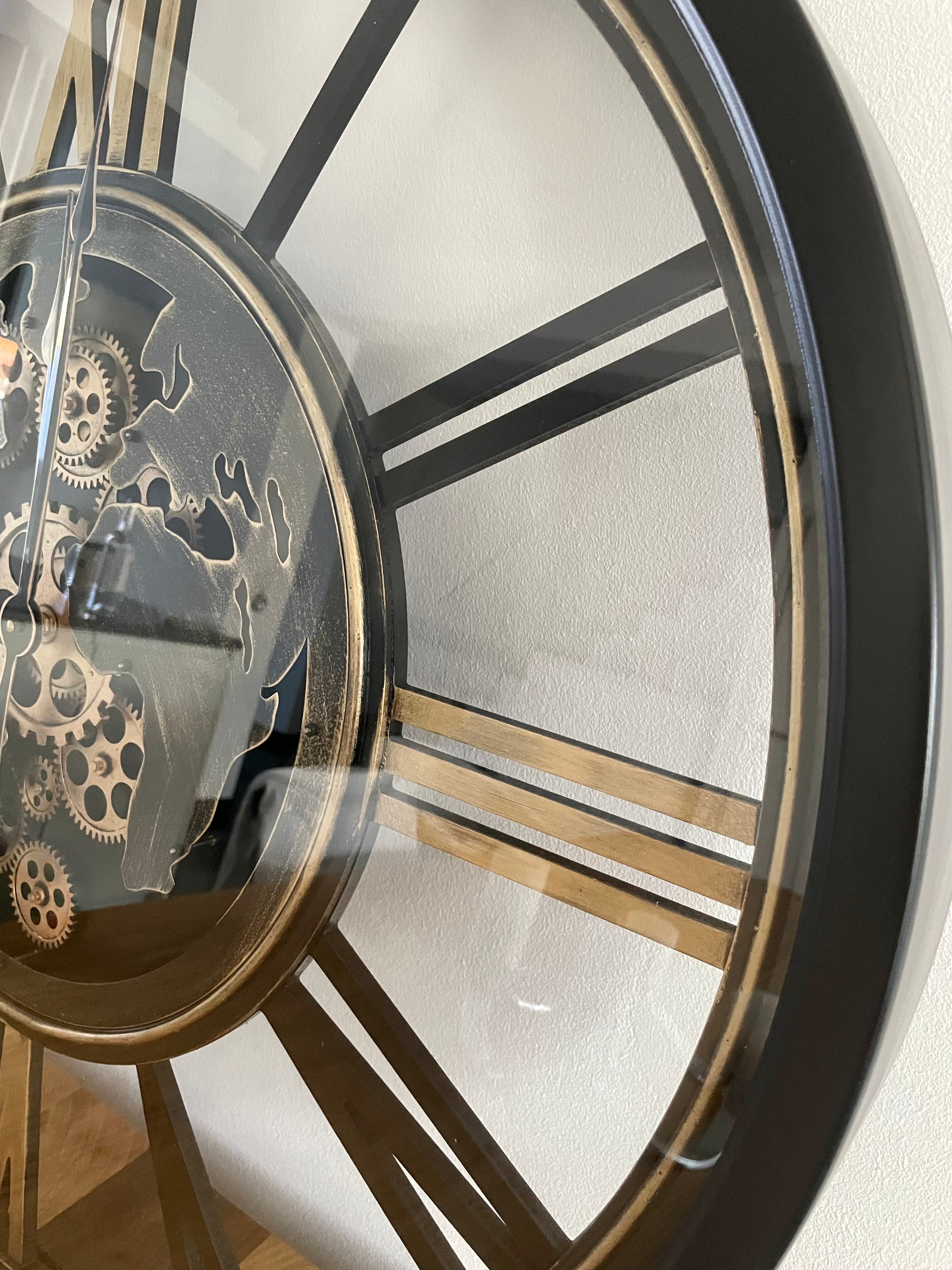 80 cm Weltkarte Wanduhr Zahnrad schwarz gold beweglich mit Zahnrädern