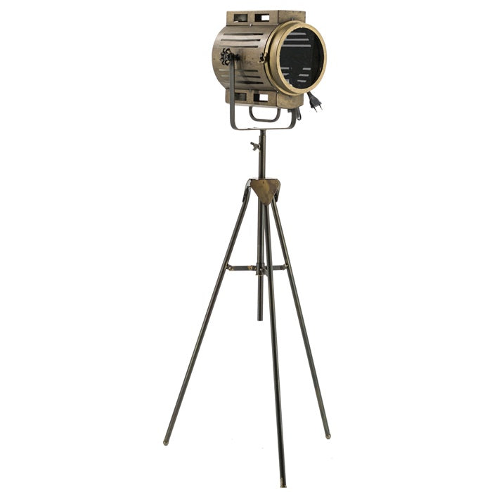 Industrial Stehlampe Hollywood Flutlicht altgold-messing Dreibein