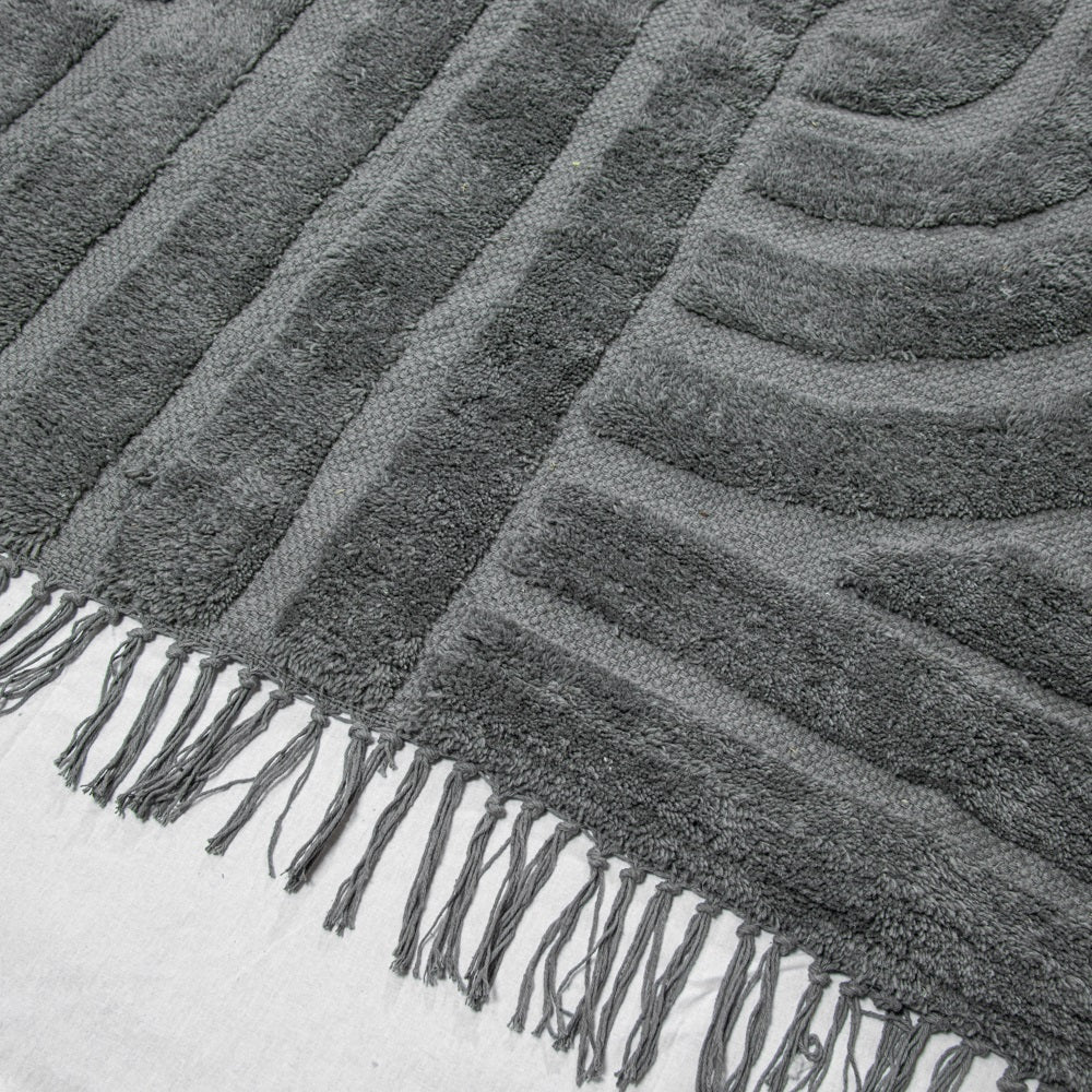 Tapis à franges Yashi gris motif 3D moderne 2 tailles coton