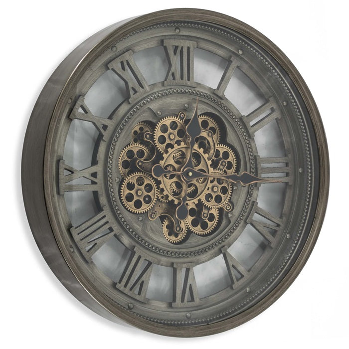 Horloge murale engrenage argent laiton métal mécanisme 60 cm