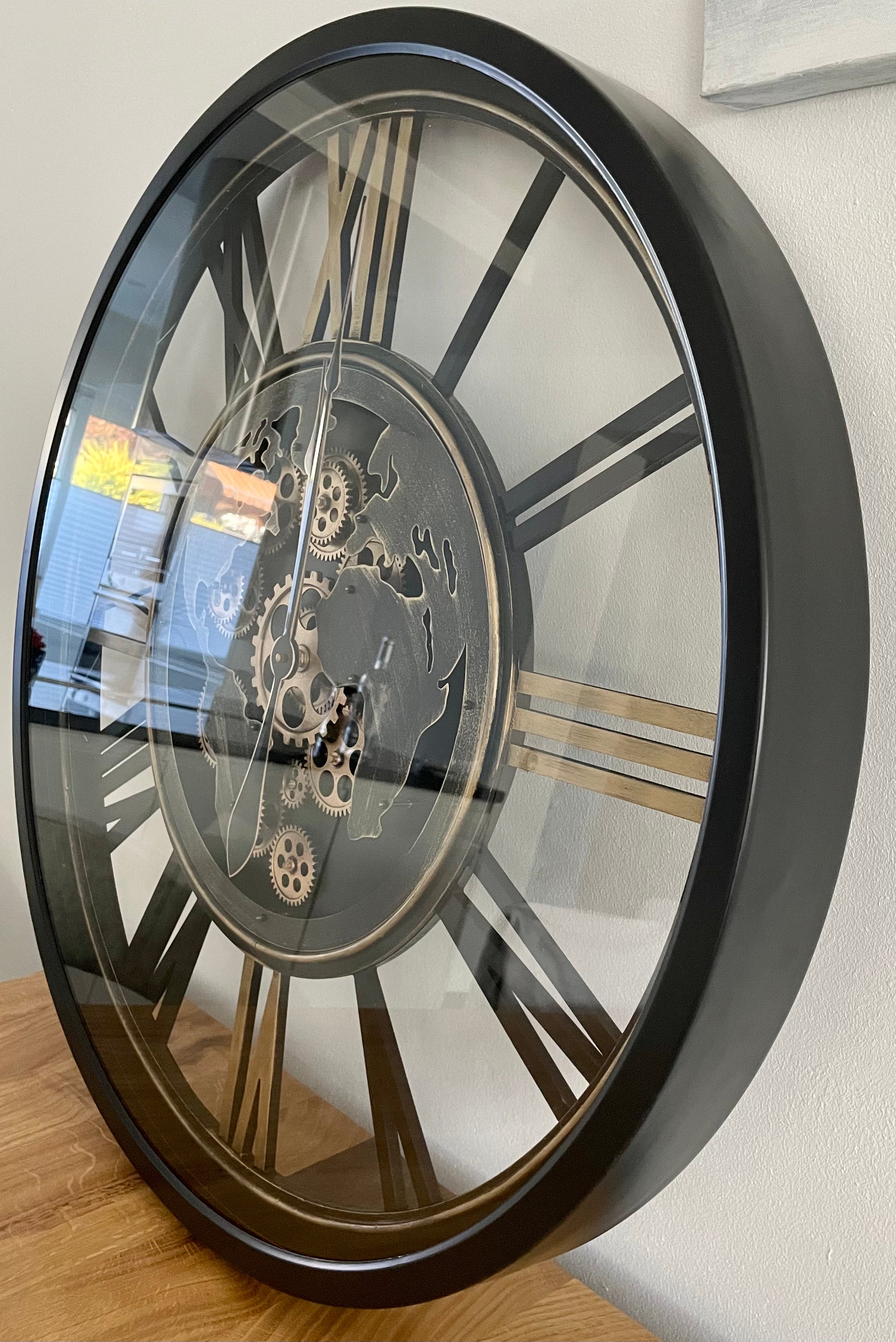 80 cm Weltkarte Wanduhr Zahnrad schwarz gold beweglich mit Zahnrädern