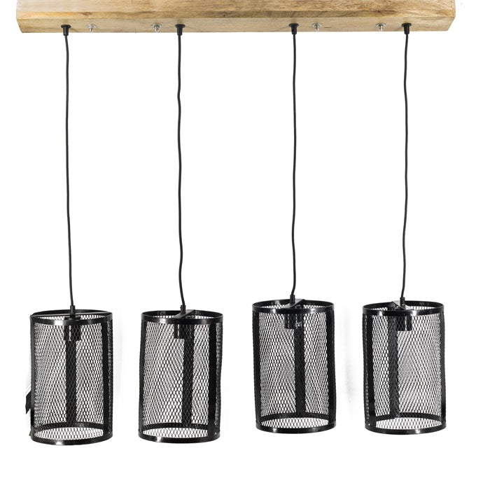 Hängelampe Quattro Industrial Mangoholz Metall Gitter schwarz