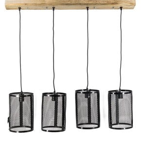 Hängelampe Quattro Industrial Mangoholz Metall Gitter schwarz