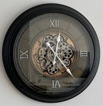Lade das Bild in den Galerie-Viewer, 66 cm Wanduhr VENEDIG schwarz gold Industrial Metall Uhr Zahnrad bewegend
