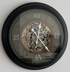 66 cm Wanduhr VENEDIG schwarz gold Industrial Metall Uhr Zahnrad bewegend