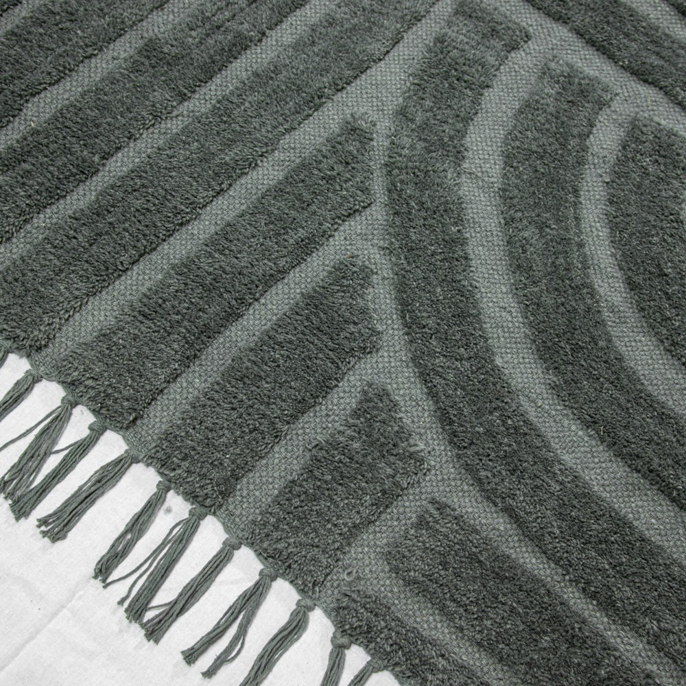 Design Fransenteppich Yashi dunkelgrün marine 3D Muster Modern 2 Größen Baumwolle