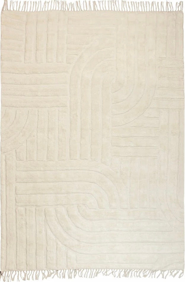Tapis design à franges Yashi Natural beige sable motif 3D moderne 2 tailles coton