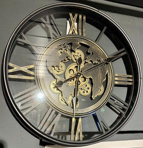 60 cm Weltkarte-Antik Wanduhr Zahnrad schwarz antik gold beweglich mit Zahnrädern