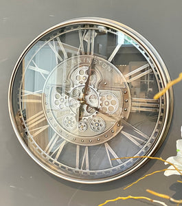 KENSINGTON 55 cm Wanduhr Zahnrad Zählwerk Animation silber grau.