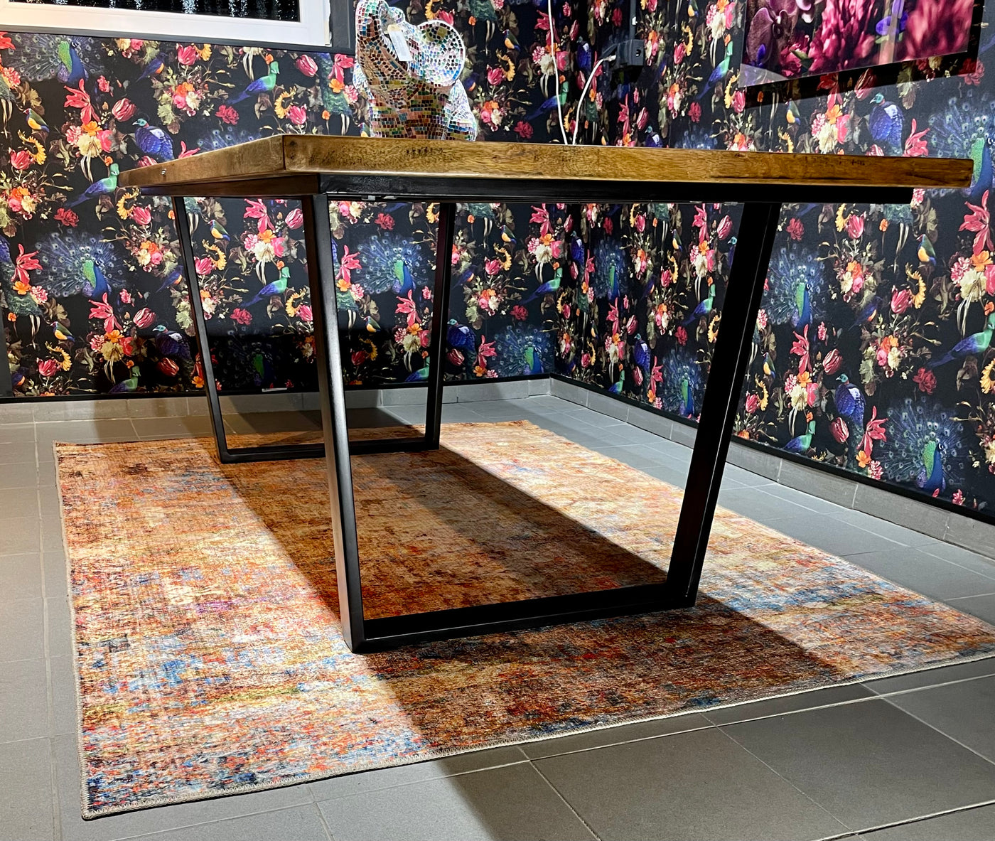Esstisch Mixed Altholz recycelt 180 / 220 cm massiv Echtholz mit U Gestell Set Metall schwarz türkis braun