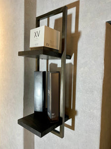 BLACK SHELFMATE Typ D Wandregal schwarz Industrial Möbel Teakholz Metall Blankstahl Hängeregal Industrie Stil Regal Used Look Teak Holz