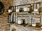 Lade das Bild in den Galerie-Viewer, SHELFMATE Typ C Wandregal Industrial Möbel Teakholz Metall schwarz Blankstahl Hängeregal Industrie Stil Regal Used Look Teak Holz
