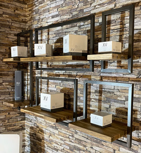SHELFMATE Typ C Wandregal Industrial Möbel Teakholz Metall schwarz Blankstahl Hängeregal Industrie Stil Regal Used Look Teak Holz