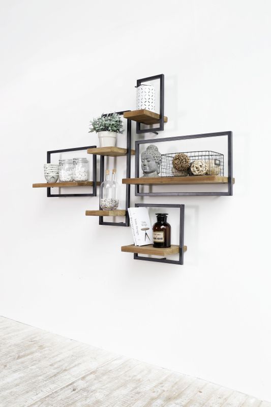 SHELFMATE Typ B Wandregal Industrial Möbel Teakholz Metall schwarz Blankstahl Hängeregal Industrie Stil Regal Used Look Teak Holz