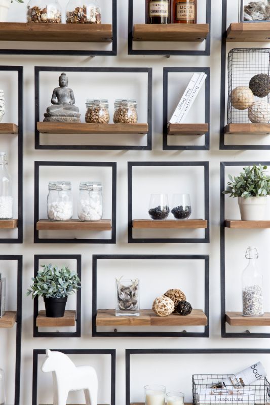 SHELFMATE Typ A Wandregal Industrial Möbel Teakholz Metall schwarz Blankstahl Hängeregal Industrie Stil Regal Used Look Teak Holz