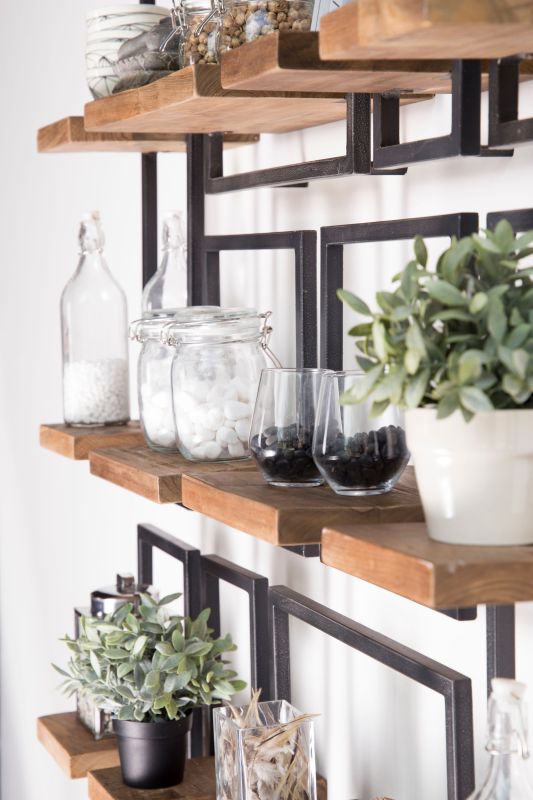 SHELFMATE Typ C Wandregal Industrial Möbel Teakholz Metall schwarz Blankstahl Hängeregal Industrie Stil Regal Used Look Teak Holz