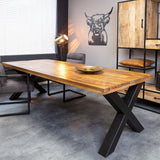 Table à manger New Delhi Mangue 200 à 300 en bois massif de 6 cm d'épaisseur avec piètement en métal X noir 4 tailles