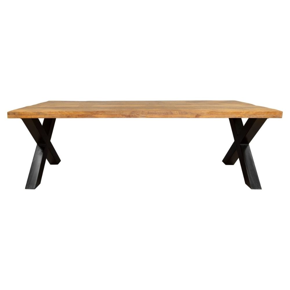 Table à manger New Delhi Mangue 200 à 300 en bois massif de 6 cm d'épaisseur avec piètement en métal X noir 4 tailles