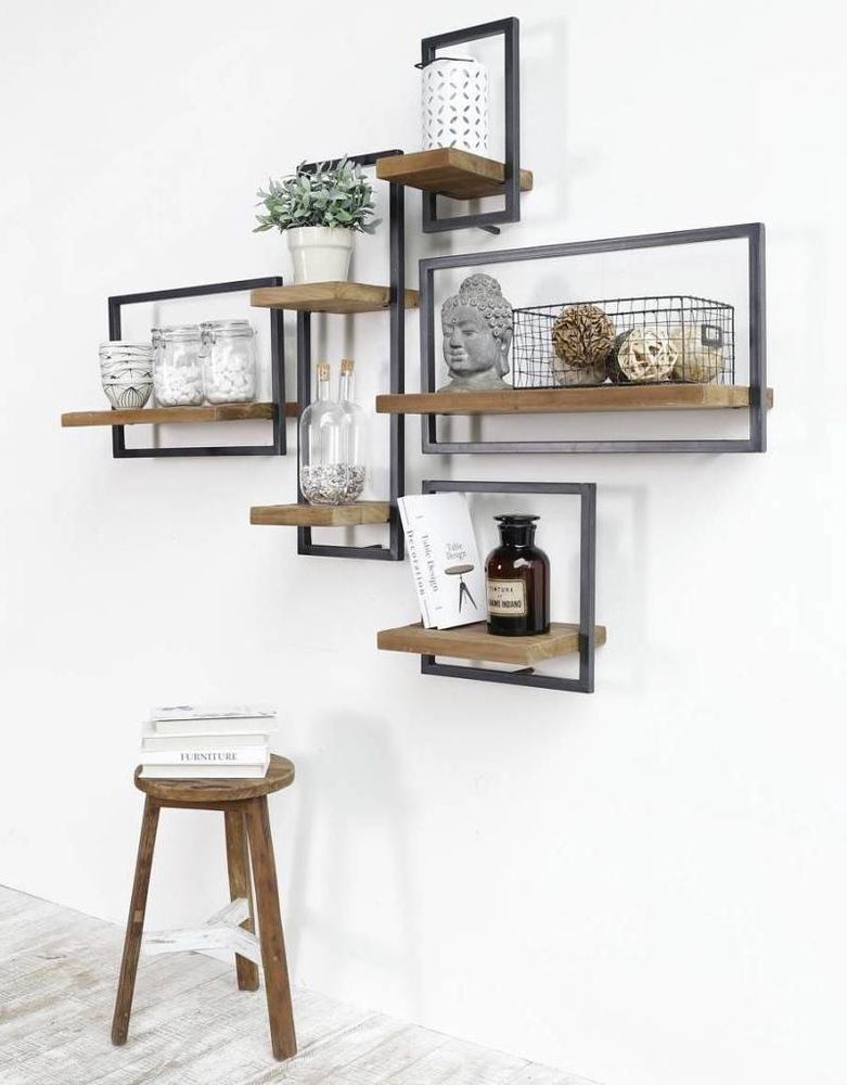 SHELFMATE Typ B Wandregal Industrial Möbel Teakholz Metall schwarz Blankstahl Hängeregal Industrie Stil Regal Used Look Teak Holz