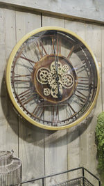 Laden und Abspielen von Videos im Galerie-Viewer, Wanduhr 75 cm Industrie Vintage Stil Zahnrad Zählwerk drehend Gold / Rost - Braun
