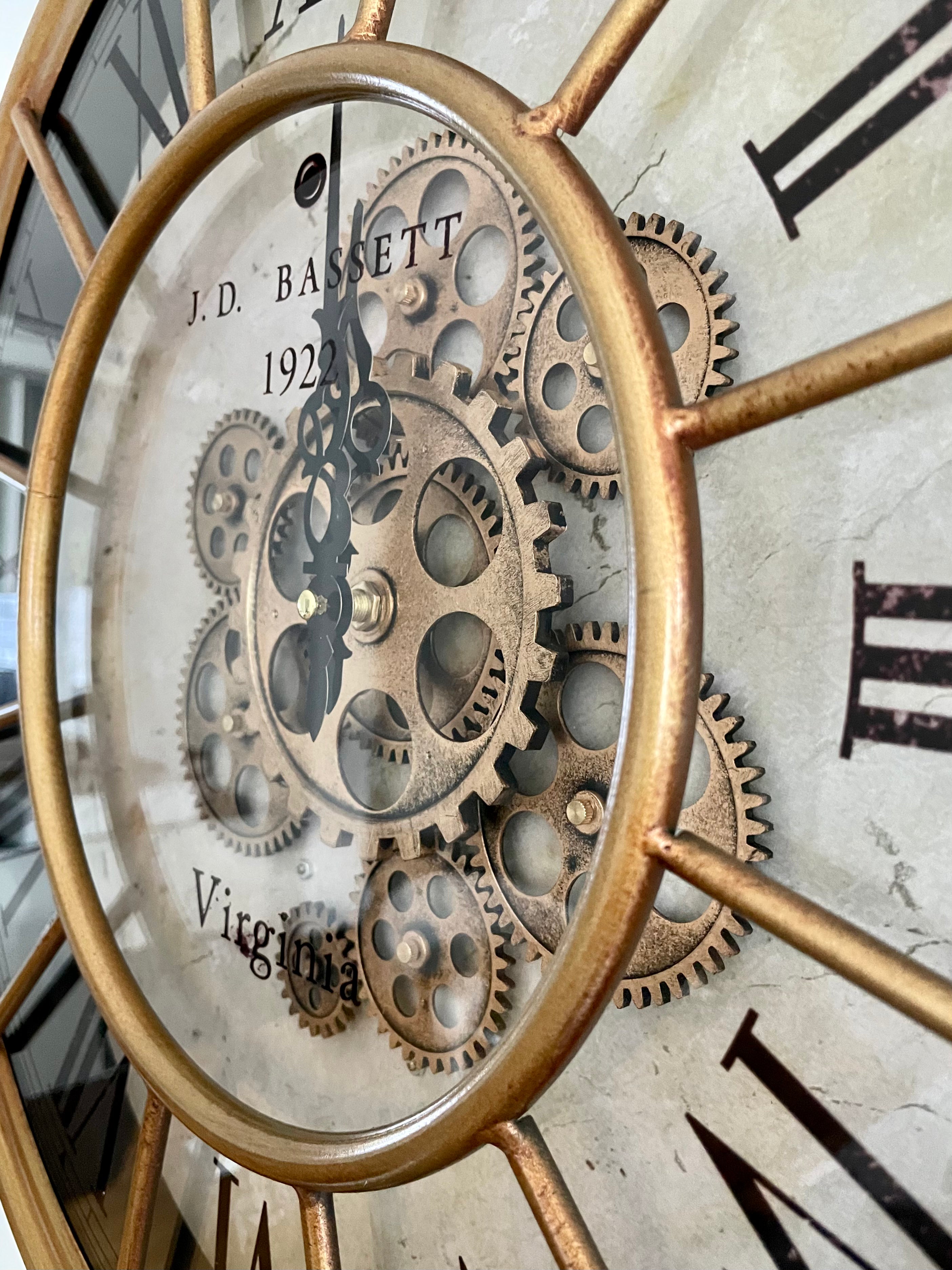 45 cm Vintage gold RIO Wanduhr mit Animation Zählwerk Zahnrad