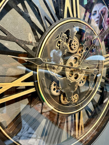 60 cm Weltkarte Wanduhr Zahnrad schwarz gold beweglich mit Zahnrädern