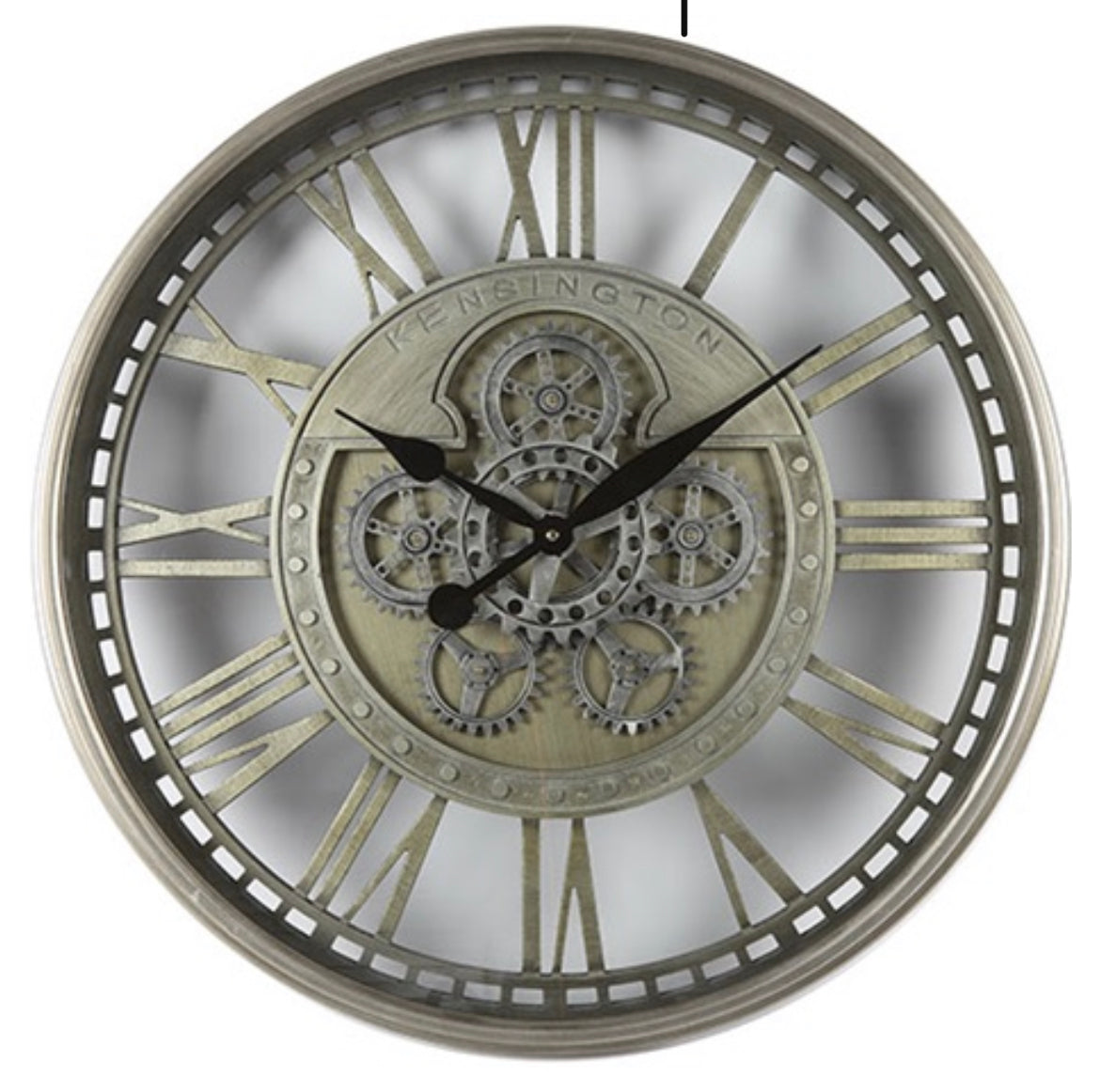 70 cm KENSINGTON Wanduhr Zahnrad Zählwerk Animation silber grau messing