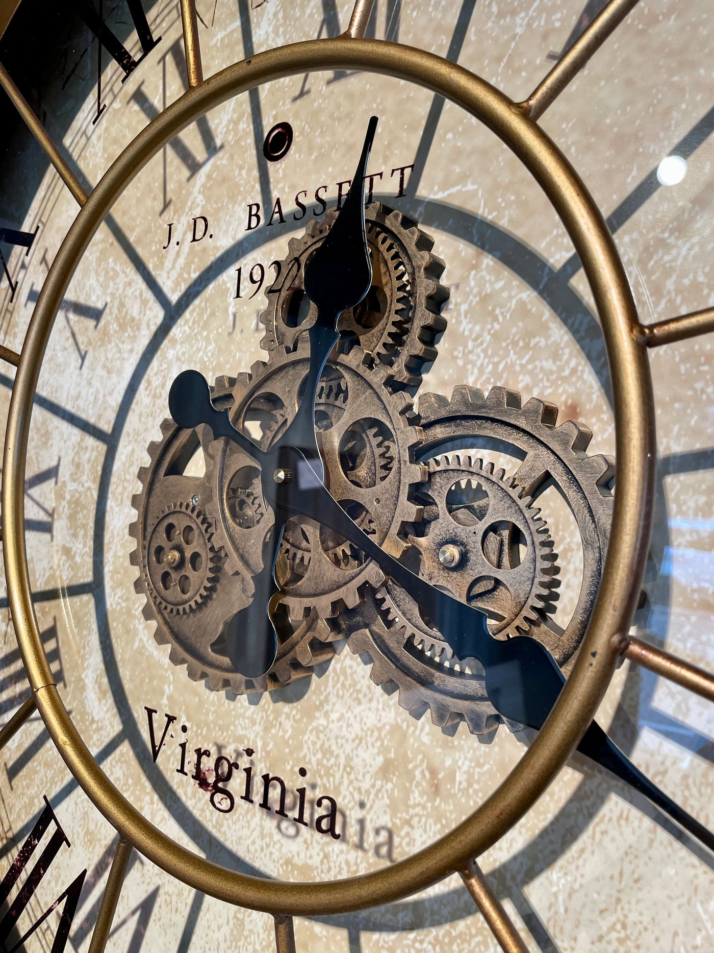 80 cm große Vintage gold RIO Wanduhr mit Animation Zählwerk Zahnrad Wand Uhr